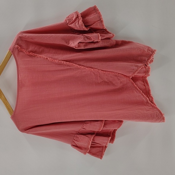 Umgee + Pink Cotton Top Size XL Ruffle Short Sleeve Frayed Hem Throughout - Picture 8 of 8